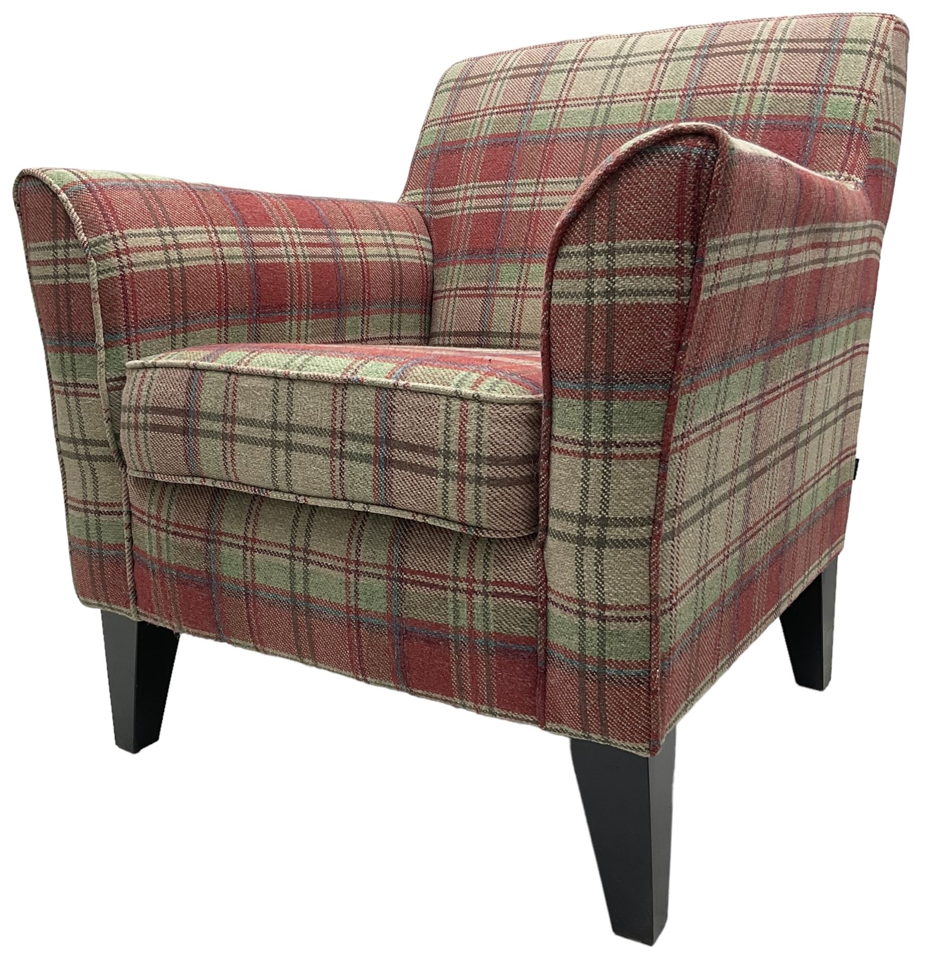 Next Home - traditional shaped armchair, upholstered in tartan fabric, raised on square tapering ebonised supports
