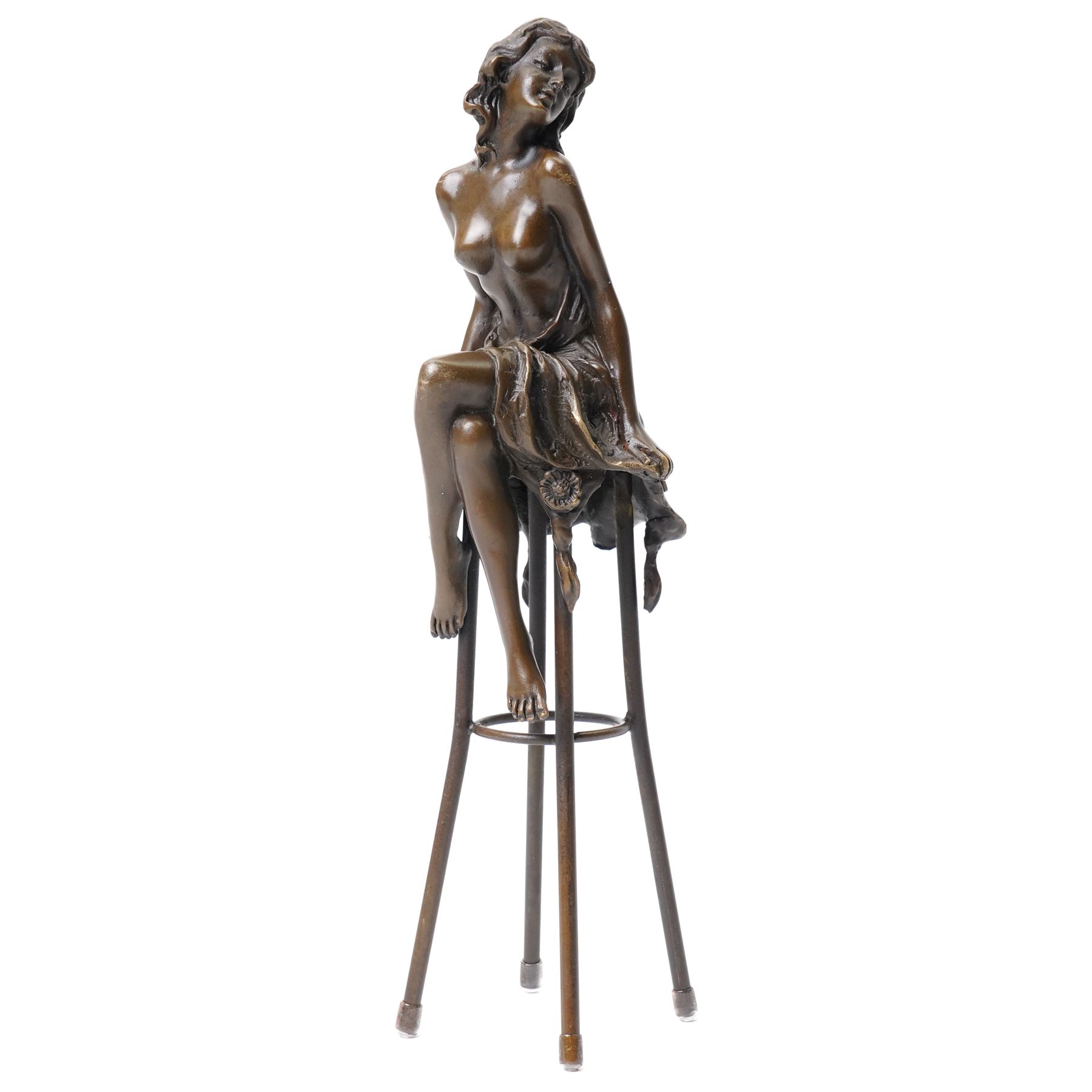 After Pierre Collinet - bronze modelled as a semi naked female figure, seated upon a chair, H27cm