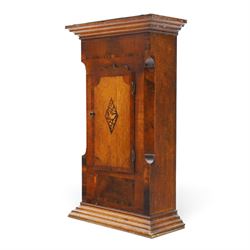 19th century clock trunk cupboard, veneered front with cantered corners, stepped plinth base
