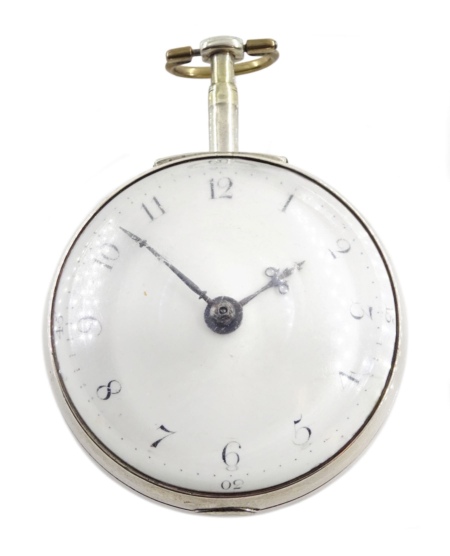 George III silver pair cased verge fusee pocket watch by Richard Tompion, Liverpool, No. 3801, round baluster pillars, pierced and engraved balance cock decorated with a heart, white enamel dial with Arabic numerals and outer quarter markers, beetle and poker hands, bull's eye glass, case by Henry Harding, Birmingham 1792