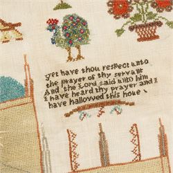 19th century needlework sampler by Elizabeth Bottomley aged 8, 1836 with large building to the centre with trees, verse, flowers 58cm x 52cm unframed