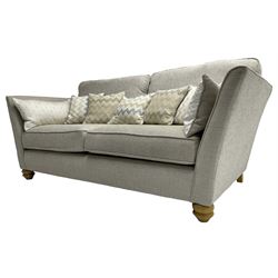 Oak Furnitureland - three-piece lounge suite upholstered in grey fabric, large three-seat sofa (W238cm, D106cm), two-seat sofa (W209cm), and snuggler sofa (W129cm)