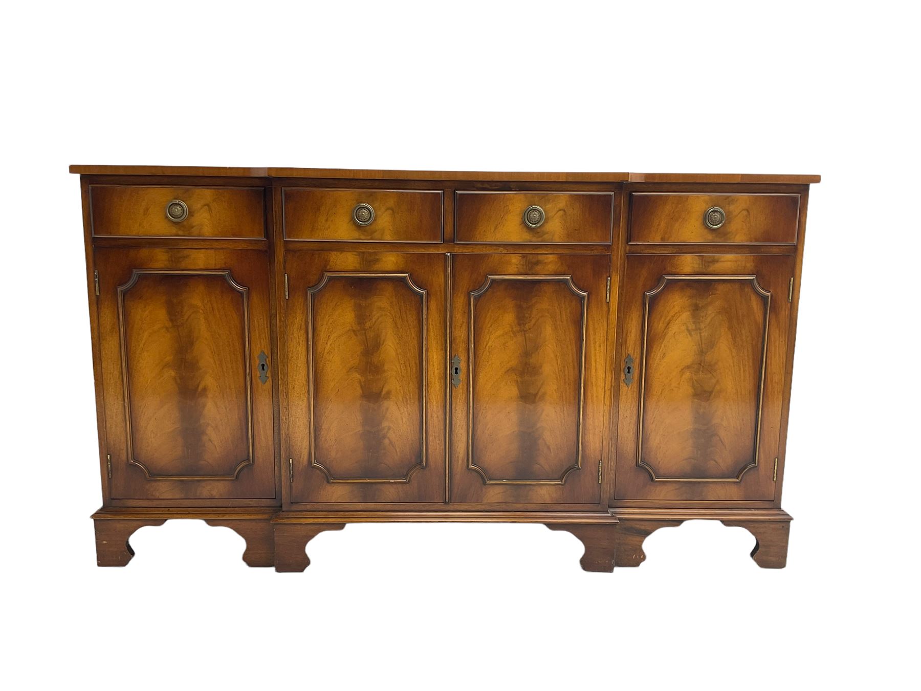 Reprodux Bevan Funnell - mahogany breakfront sideboard, fitted with four drawers, above four cupboards, on bracket feet