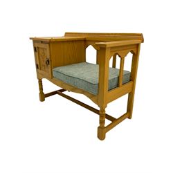Light oak telephone table, with cupboard, upholstered seat