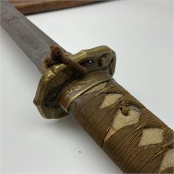 WW2 Japanese Army officer's shin gunto/katana sword with 67cm steel single edged blade, foliate cast brass tsuba, bound fish-skin grip with brass mounts, inscribed and painted marks to tang; in lacquered wooden scabbard with leather combat covering bearing four character marks L99cm overall