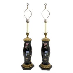 Pair of large table lamps, each shaped cylindrical base decorated with embroidered flowers and butterflies against a black ground, overlaid with glass, with gilt metal mounts, and hexagonal base, overall H134cm 