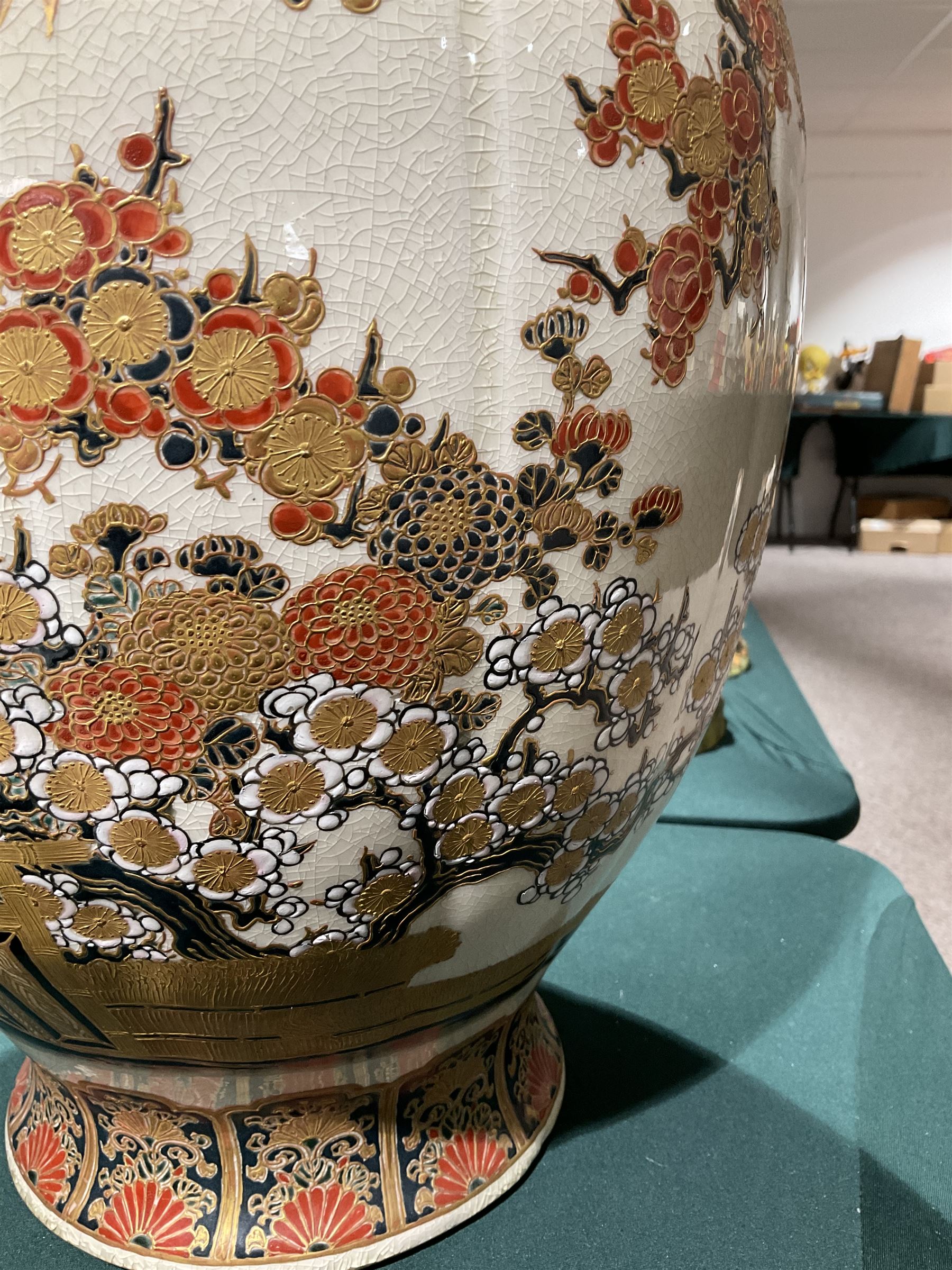 Large satsuma vase of baluster form, decorated with flowering sprigs and gilt borders, H48cm 