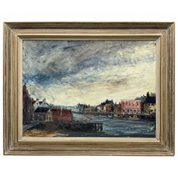 Richard Dimock (British 20th century): 'Whitby Harbour', oil on board, signed titled and dated 1967 verso 54cm x 75cm