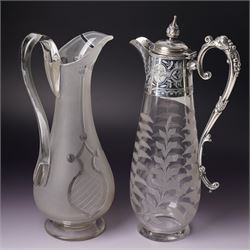 Victorian opaque glass ewer with clear cut decoration and clear glass handle H28cm and an ...