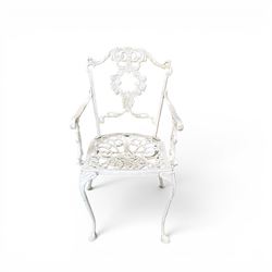 Victorian design cast aluminium circular garden table and four armchairs, ornate grape design in antique white paint