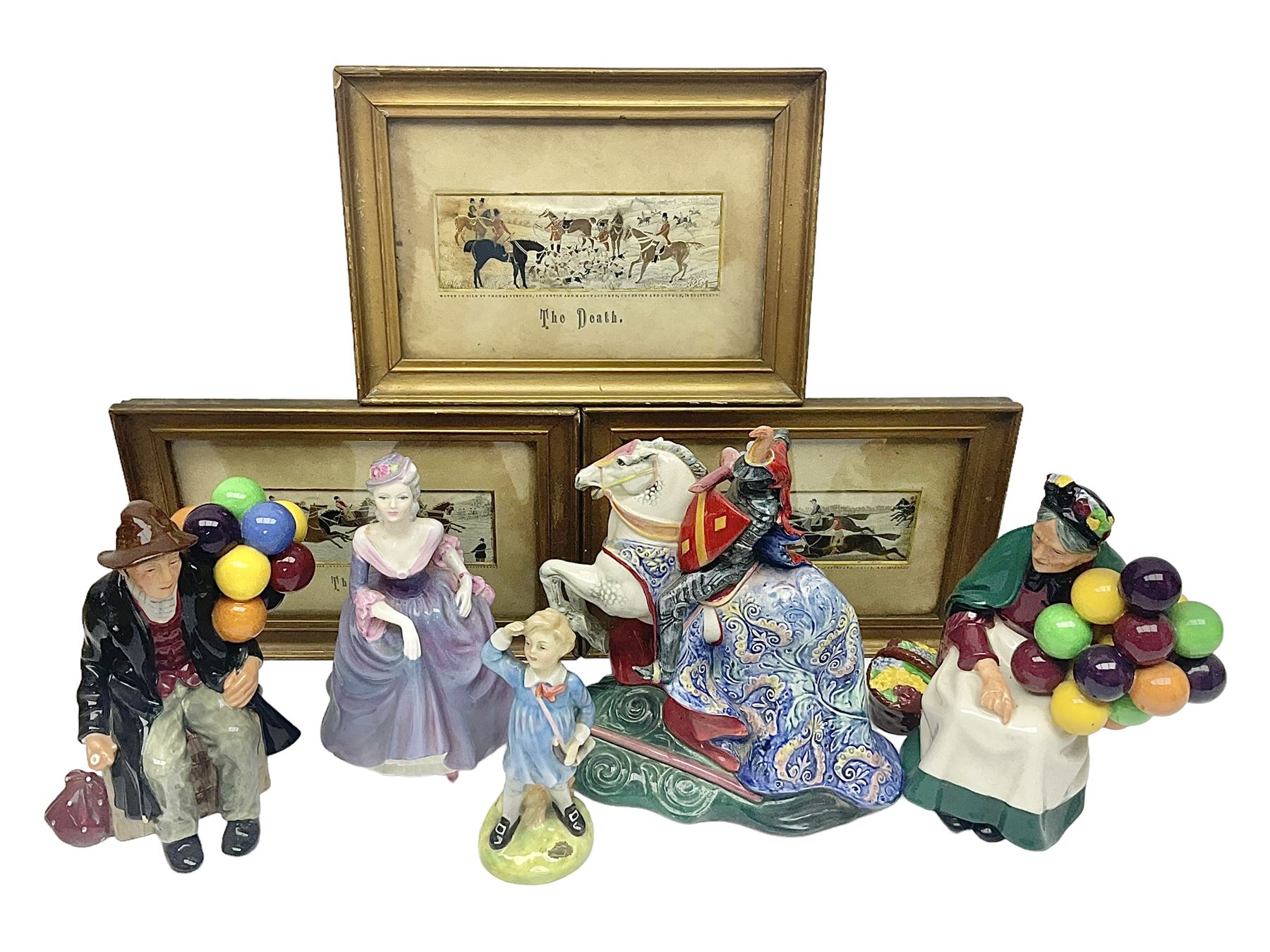 Four Royal Doulton figures, to include The Broken Lance HN 2041, The Old Balloon Seller HN 1315, The Balloon Man HN 11954 and Little Boy Blue HN 2043, together with a Coalport Ladies of Fashion figure Regina and three framed hunting silk needle works