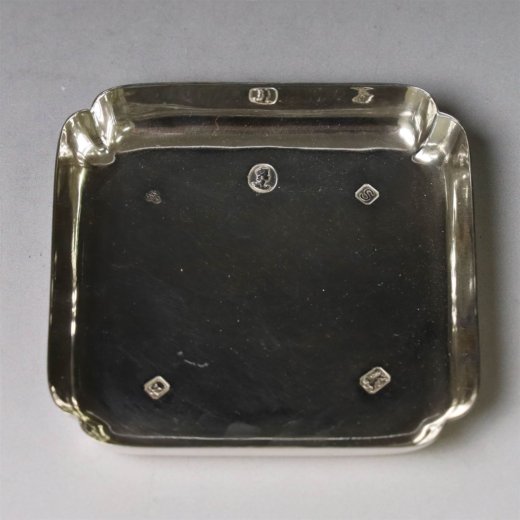 Late 20th century silver pin dish, of square form, with Queen Elizabeth II Coronation hallmark for C J Vander Ltd, London 1953, W9cm