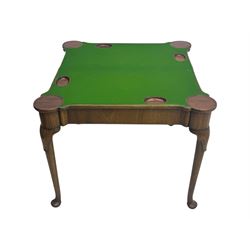 George III mahogany fold-top card table, shaped rectangular top opening to reveal a baize-lined surface, supported by a concertina pull-out concertina rear mechanism, raised on cabriole supports with foliate carvings terminating in pad feet