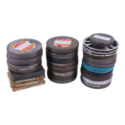 Collection of 9.5mm and 16mm cine film reels, mostly silent black and white with some notc...