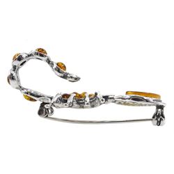 Silver amber scorpion brooch