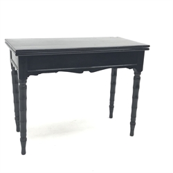  Victorian ebonised folding card table, green baize, turned supports, W100cm, H78cm, D99cm  