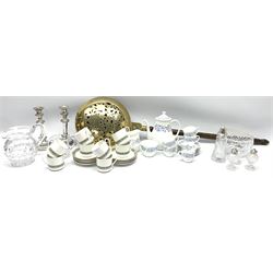 Assorted collectables, comprising Wedgwood Petra pattern six piece coffee set, six Royal Doulton Rondelay pattern coffee cans and saucers, small selection of glass, including Edinburgh facet cut jug, pair of silver plated candlesticks with oblique gadrooned detail, and a bed warming pan with pierced copper pan. 