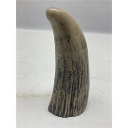 20th century resin carvings in the style of scrimshaws the first example depicting Ship Mercury, the other with a removable top, tallest example H10.5cm