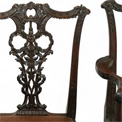 Set of eight 20th century Chippendale design mahogany dining chairs, including two carvers, each with pierced ribbon back splat carved with acanthus leaves, drop-in leather upholstered seats, moulded seat rails, on cabriole legs with ball and claw feet