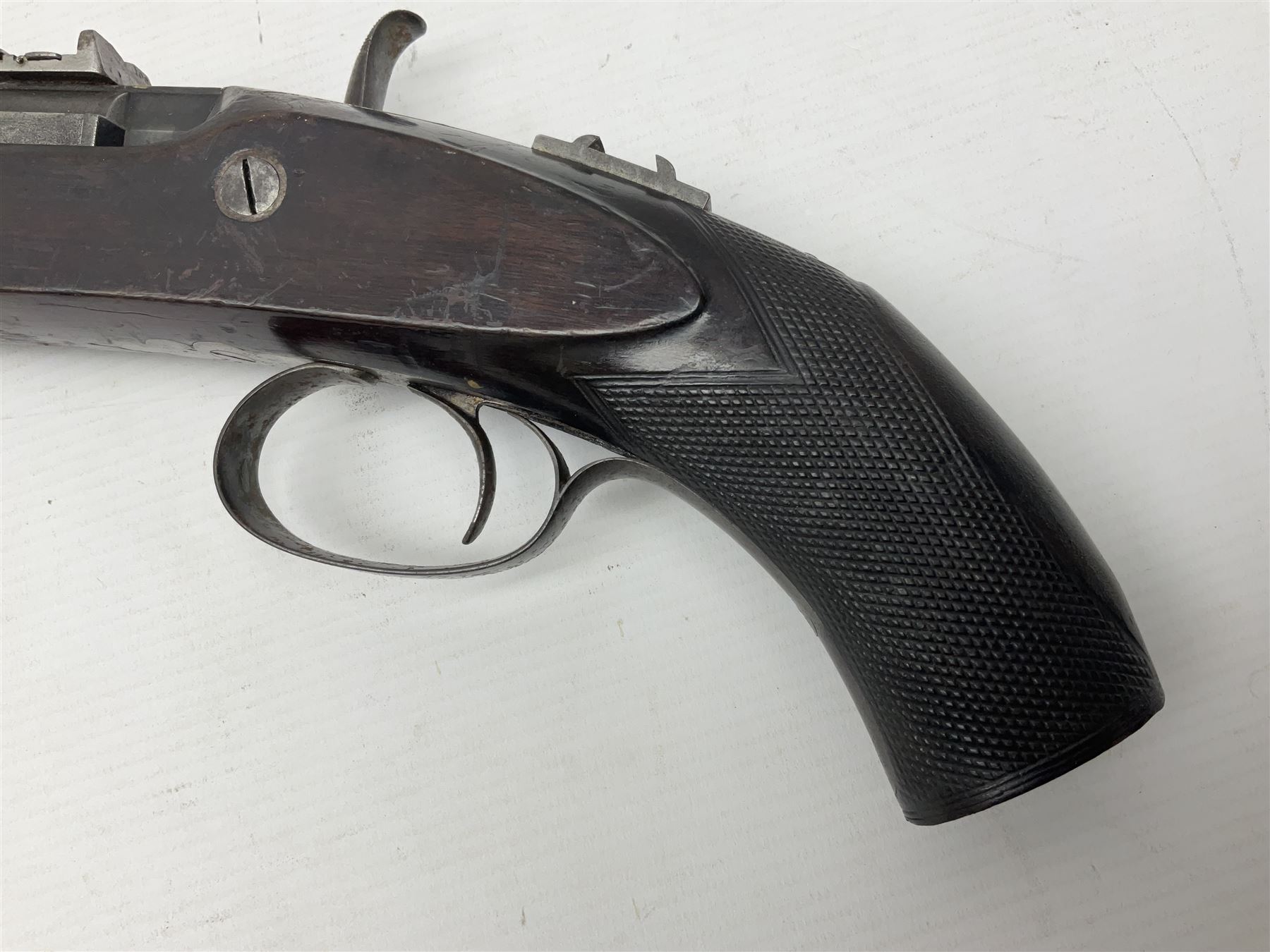 19th century George Gibbs of Bristol .461 cal. muzzle loading percussion match rifle with 28cm cut-down barrel and cut-down stock, Metford type rifling, fitted with additional three folding leaf rear sight to 400yds, back action sight still fitted to tang, maker's name to lock and top of barrel, serial no.439. L46.5cm overall