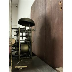 Francis Allison & Co. Finkle Street Richmond - late 19th century 8-day mahogany veneered longcase clock, with a swan’s neck pediment and break-arch hood door flanked by ring turned pillars, broad trunk with cushion moulding and recessed half-pillars to the sides, short trunk door with carved cresting to the top, rectangular plinth with conforming side pillars, fully painted 13” dial with matching brass hands, Roman numerals, minute track, subsidiary seconds and date dials, diagonally matched painted  spandrels and a depiction of a seated shepherd to the break arch, dial pinned directly to an eight-day rack striking movement, striking the hours on a bell. With weights and pendulum. 