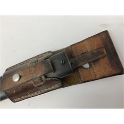 Swiss Schmidt-Rubin M1914 pioneer bayonet, with 48cm steel saw-back blade, the ricasso stamped, ''Waffenfabrik, Neuhausen'', the crosspiece stamped Swiss cross, steel scabbard, leather frog L64cm overall