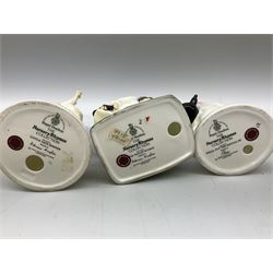 Seven Royal Doulton figures from the Nursery Rhymes Collection comprising, Tom Tom, the piper's son HN3032, Little Jack Horner HN3034, Wee Willie Winkie HN3031, Polly, put the kettle on HN3021, Little Bo-peep HN3030, Little Boy Blue HN3035, Little Miss Muffet HN2727, together with two Royal Doulton Mary had a little lamb figures HN2048 and COPR1948, all with printed marks beneath  