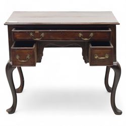 18th century oak and mahogany banded lowboy, rectangular moulded top with crossbanded edge, fitted with one long and two short drawers with brass swan neck handles, shaped kneehole apron, raised on cabriole supports with pad feet