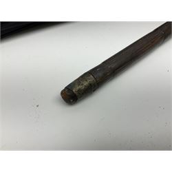 Early 20th century curved horn handle walking stick with hallmarked silver mounts, engraved L Russell 1918, together with a shooting stick by William Mills Birmingham, with leather handle, 'The Featherwaite' shooting stick and an umbrella with wooden handle