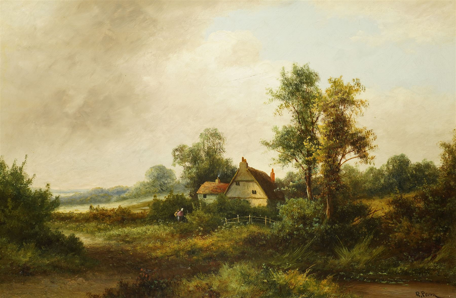 R Percy (British Late 19th century): Rural Cottage Scene, oil on canvas signed 49cm x 75cm 