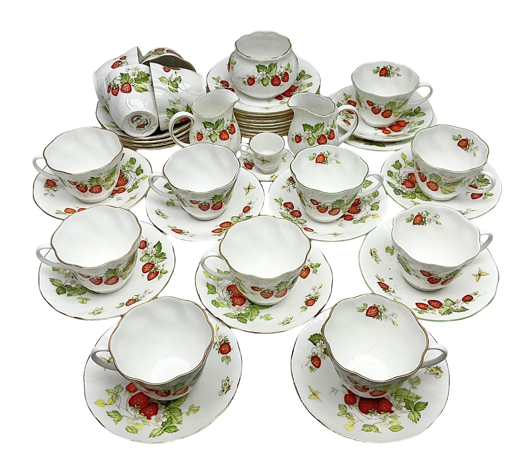 Ringtons and Queen's China Virginia Strawberry pattern teawares, including teacups, saucers, milk jugs, sugar bowls, etc