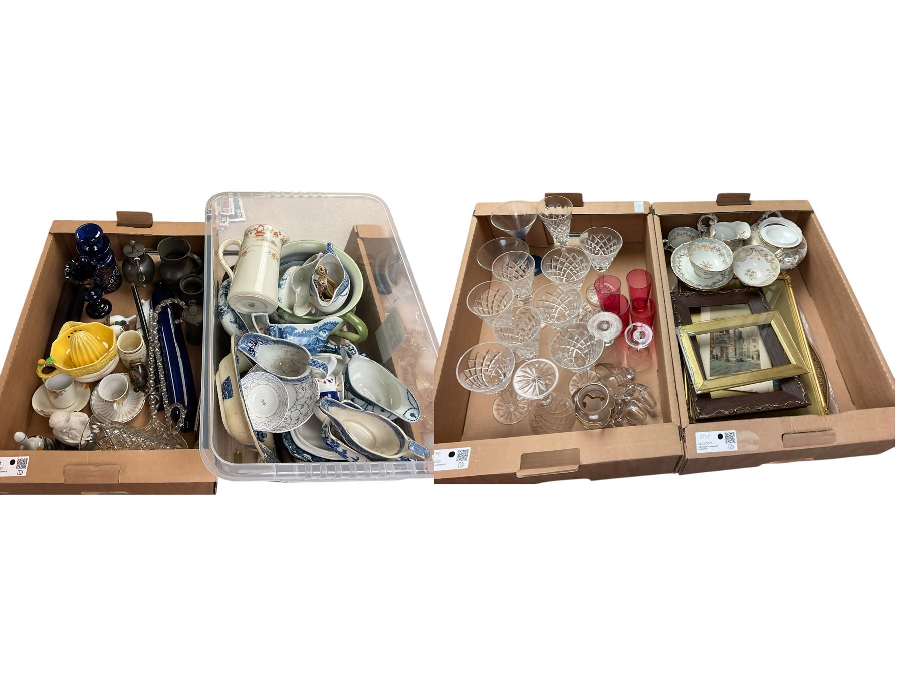 Bristol blue rolling pin, together with Carlton Ware juicer, other glassware and ceramics in four boxes  