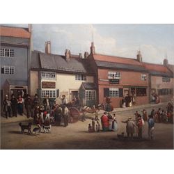 H Wheldon (19th century): High Street on the Road to Stockton with a Durham Fishmonger's Cart outside the Rose and Crown in the foreground, oil on canvas signed and dated 1848, 42cm x 57cm