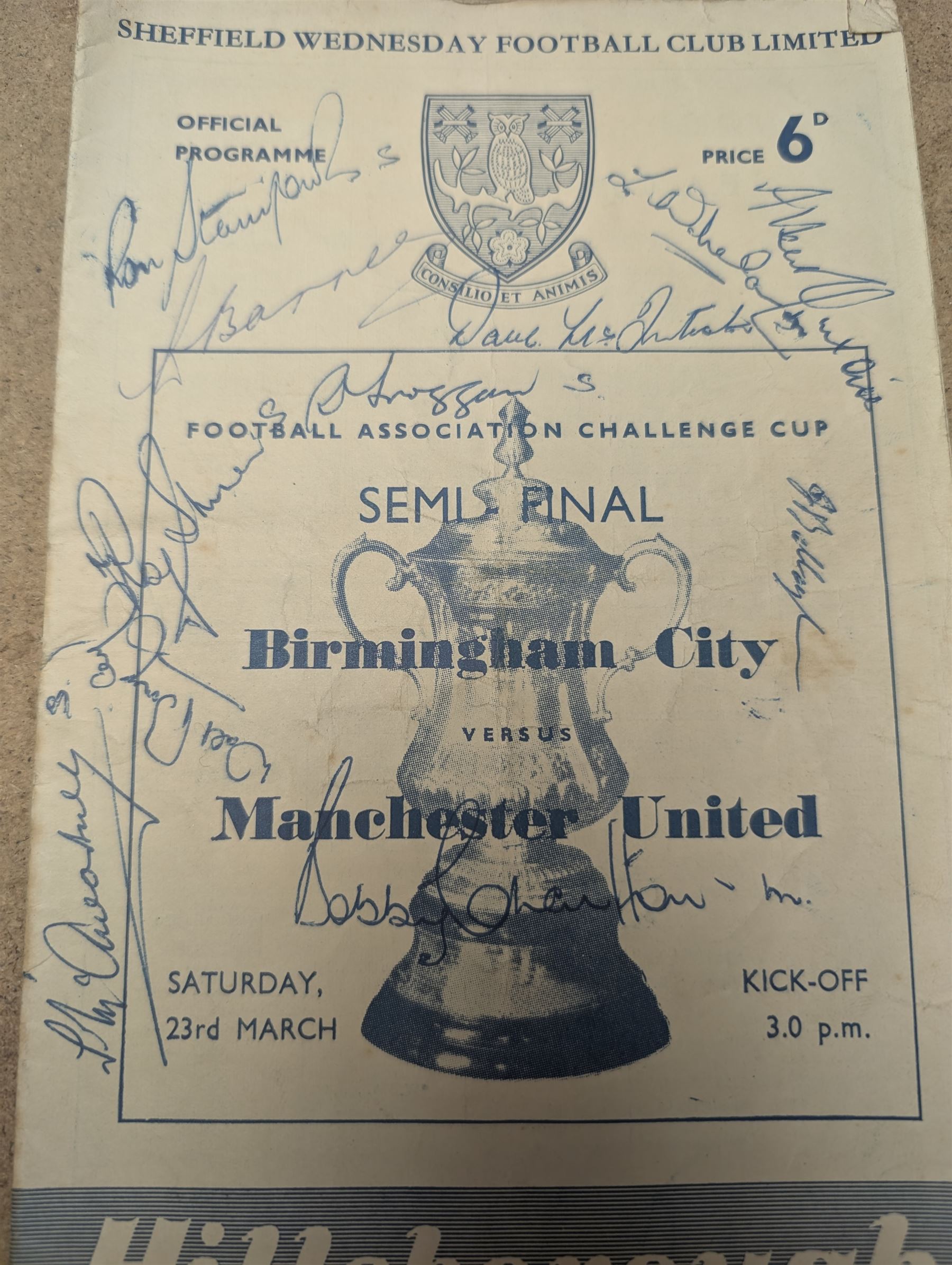 Two signed Football Association Challenge Cup semi final football programmes, comprising 1957 Birmingham vs. Manchester United at Hillsborough and 1955 Manchester City vs. Sunderland at Villa Park, with signatures of various footballers, some facsimile, including Leslie Welch and Don Revie