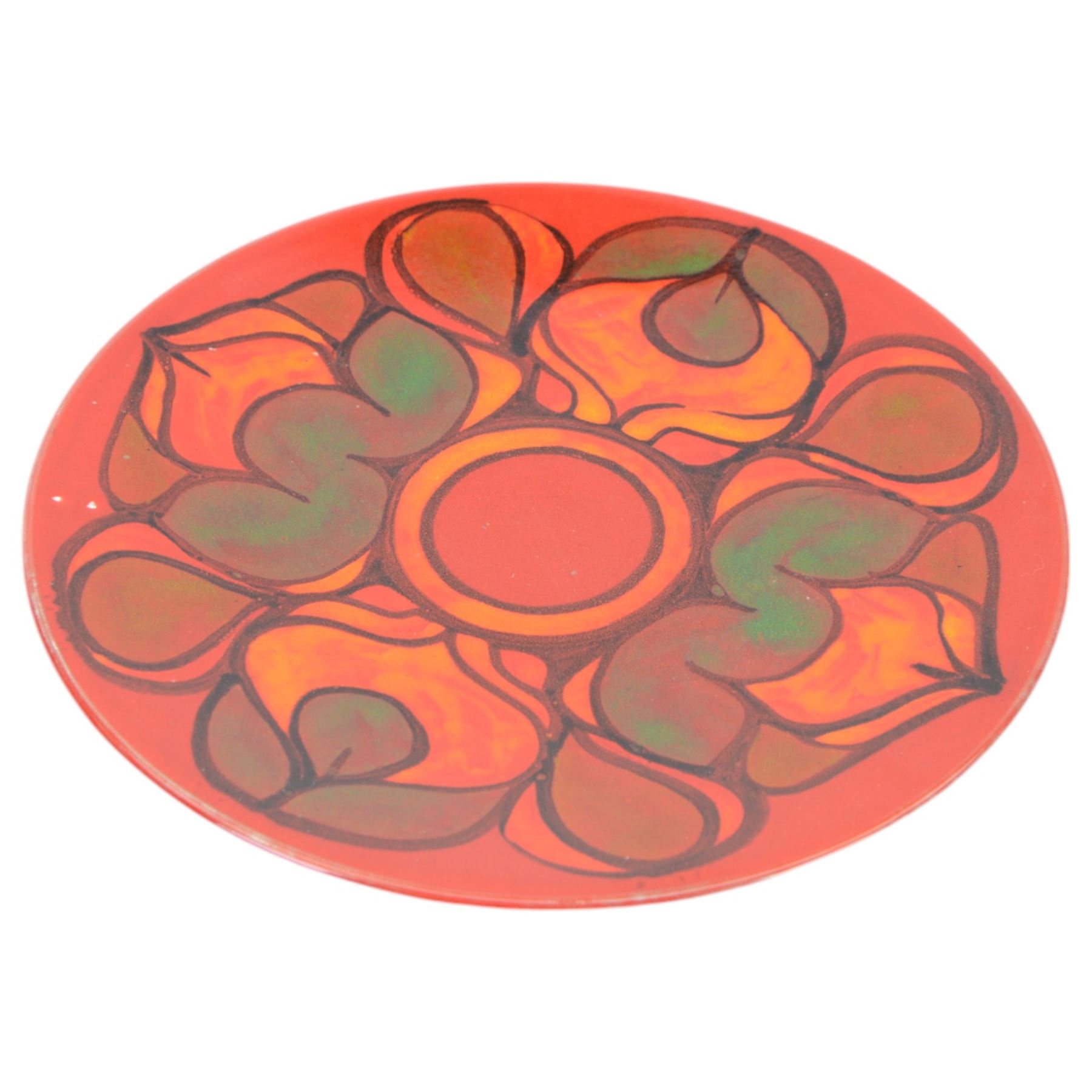 Three Poole pottery chargers, in Wild Poppy pattern, Delphis pattern and Aegean pattern, together with a Poole pottery dish and plate  