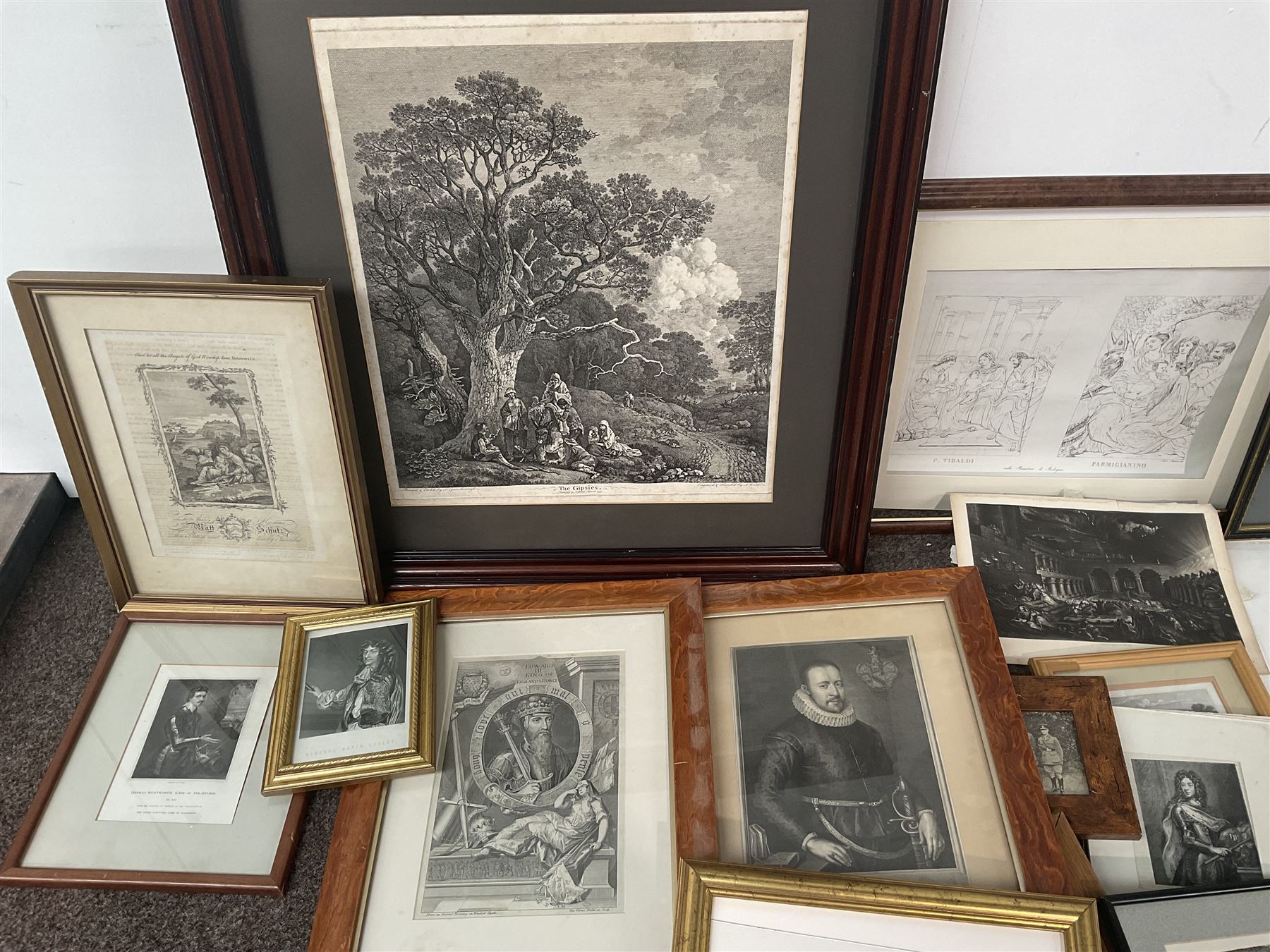 Joseph Wood (British 1720-?) after Thomas Gainsborough (British 1727-1788): The Gipsies, 19th century engraving after the lost painting together with two engravings after George Vertue (British 1684-1766) depicting Thomas Harley and Edward III and a large collection of other engravings, prints and photographs in one box (approx. 20)