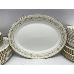 Royal Doulton Paisley pattern tea and dinner service for twelve, comprising dinner plates, side plates, soup bowls, dessert bowls, tea plates, two lidded tureens, sauce boat and saucer, sucrier and jug, oval serving dish and teacups and saucers