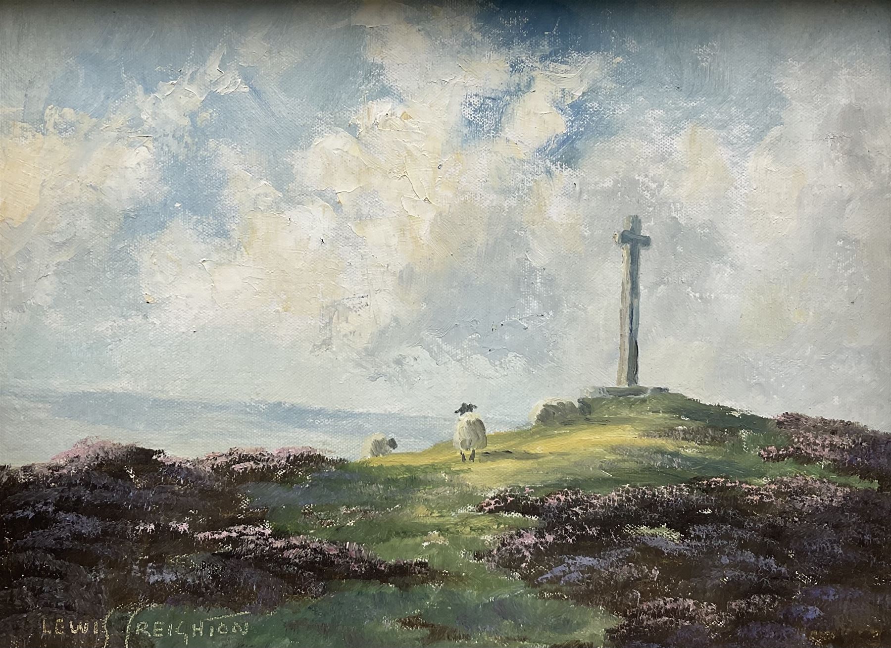 Lewis Creighton (British 1918-1996): Moorland Landscape with Sheep and Memorial, oil on board signed 29cm x 39cm