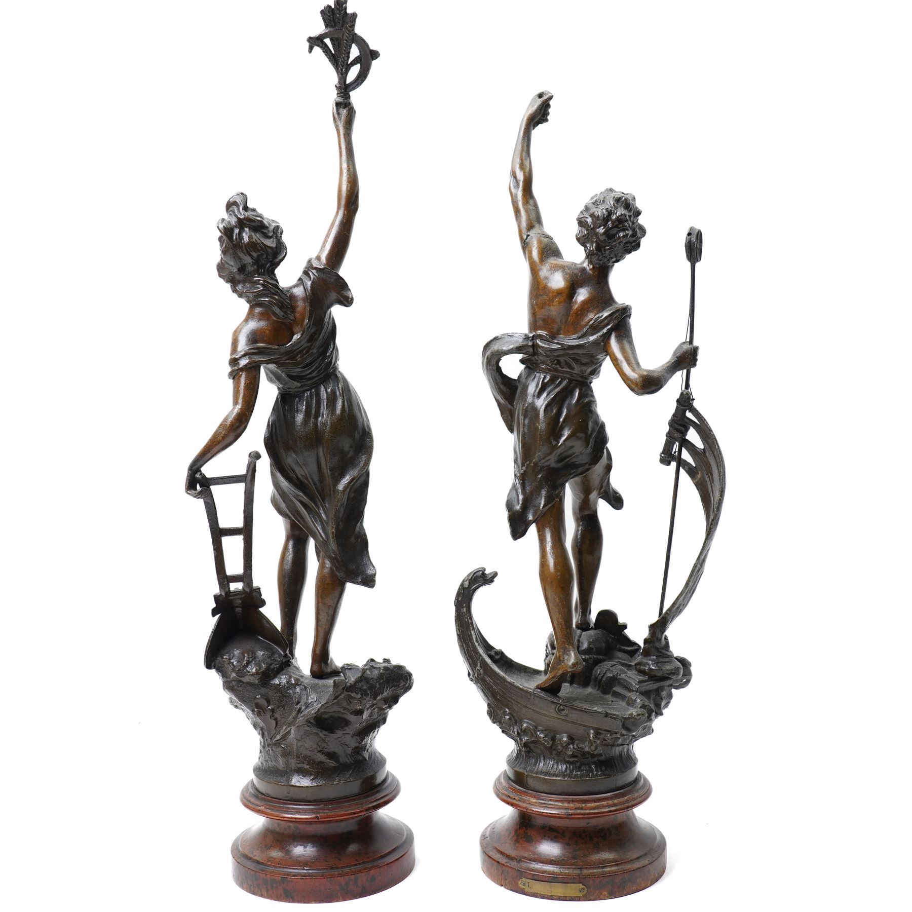Pair of 19th century spelter male and female figures representing agriculture and fiscing on wooden bases H68cm