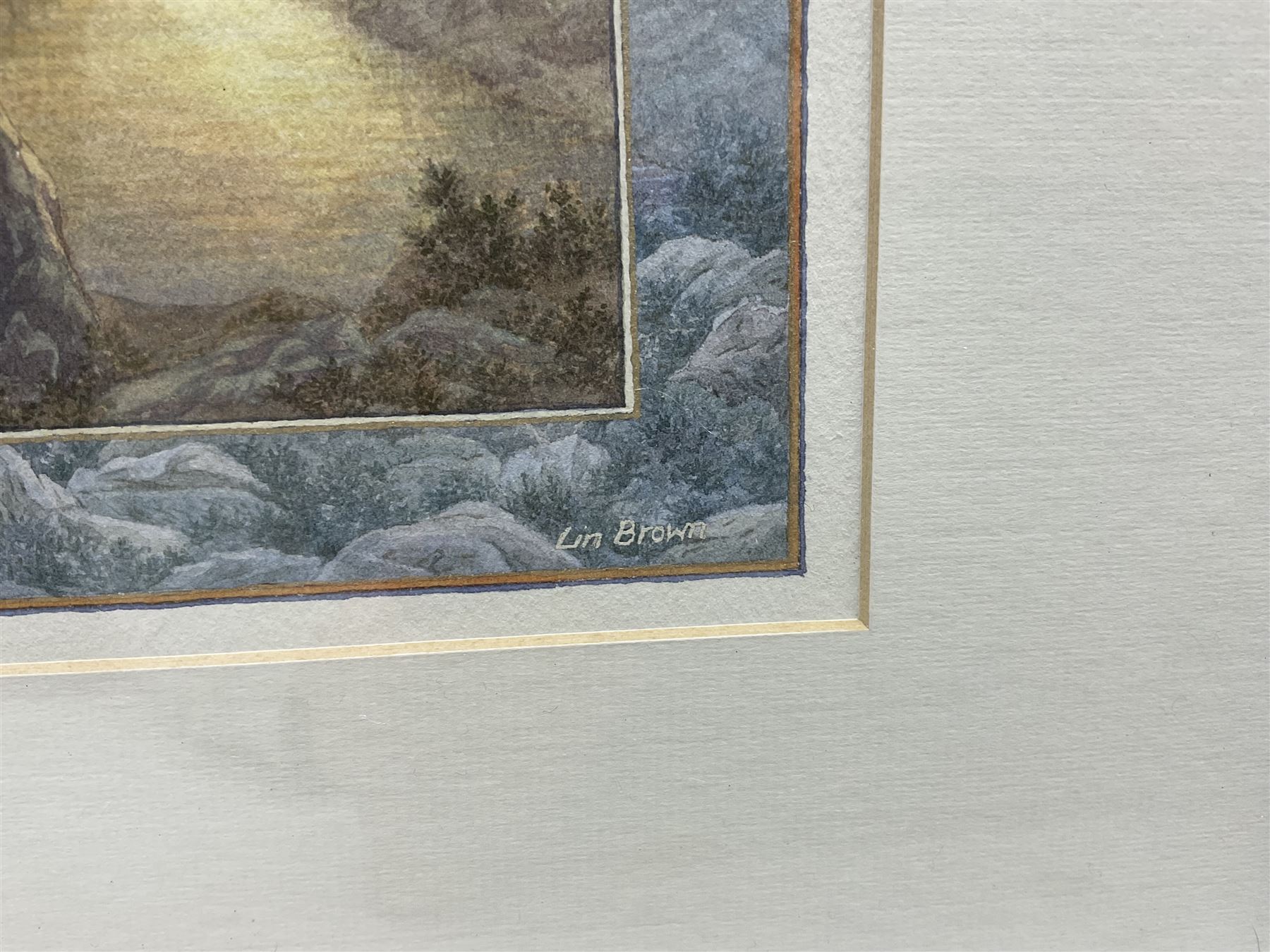 Lindsay Brown (British 20th century): 'End of the Day', watercolour signed, titled on exhibition label verso 15cm x 15cm 
Provenance: exh. Royal Institute of Painters in Water Colours, Mall Galleries, London 1970, label verso