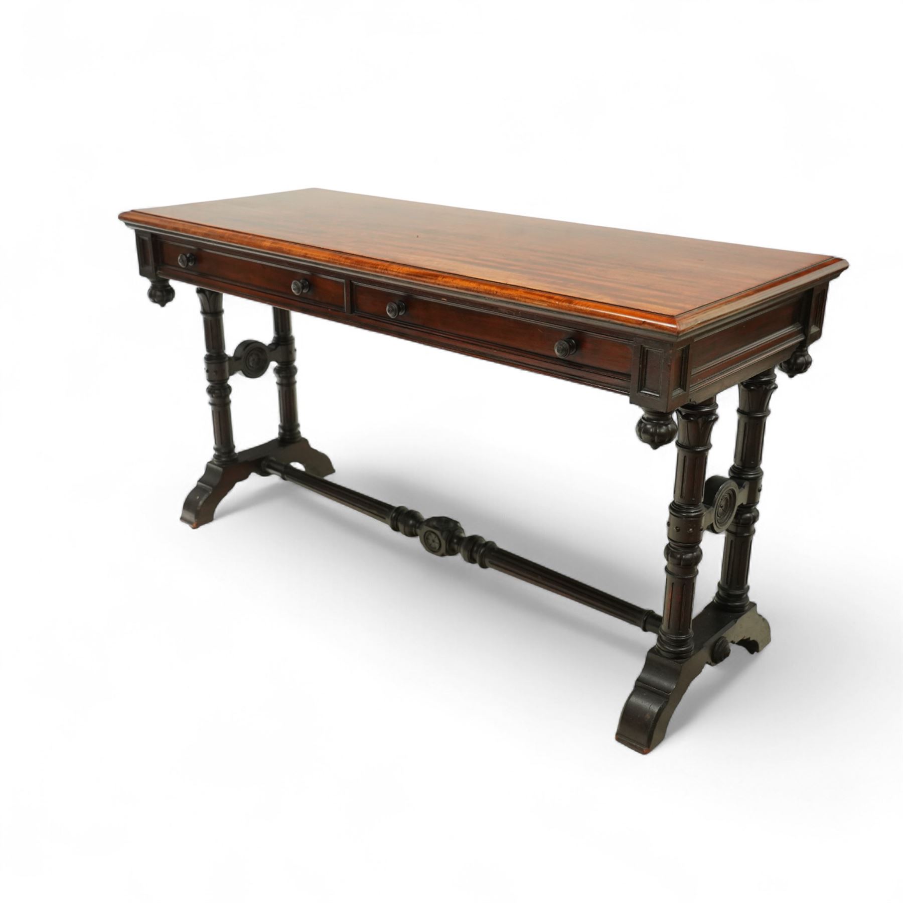 Victorian mahogany hall table, rectangular top with moulded edge over two frieze drawers with turned knob handles, raised on ring turned legs with bun feet, united by a ring turned stretcher