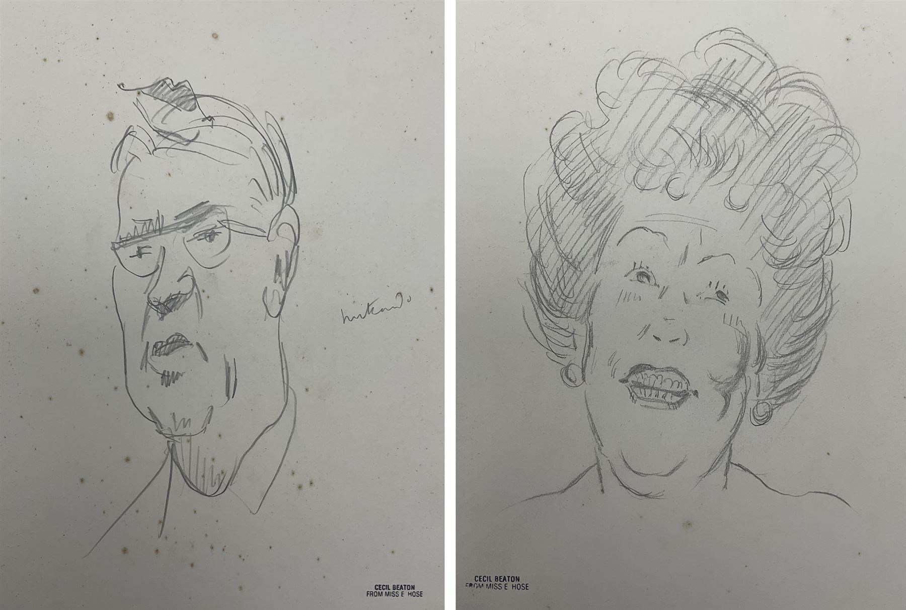 Sir Cecil Beaton CBE (British 1904-1980): Portrait of a Man and Woman, two pencil sketches, the former indistinctly titled 23cm x 17cm and 20cm x 15cm (2) (mounted) 
Provenance: from the collection of Miss E Hose, Beaton's secretary, stamped l.l.