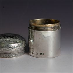 Late Victorian silver jar with cover, of cylindrical form with  domed cover engraved with initials, hallmarked Charles & George Asprey, together with a small ecclesiastical trinket box, engraved with cross to cover and with personal engraving beneath, hallmarked Edgar Ernest Davis, London 1944, taller jar H6cm