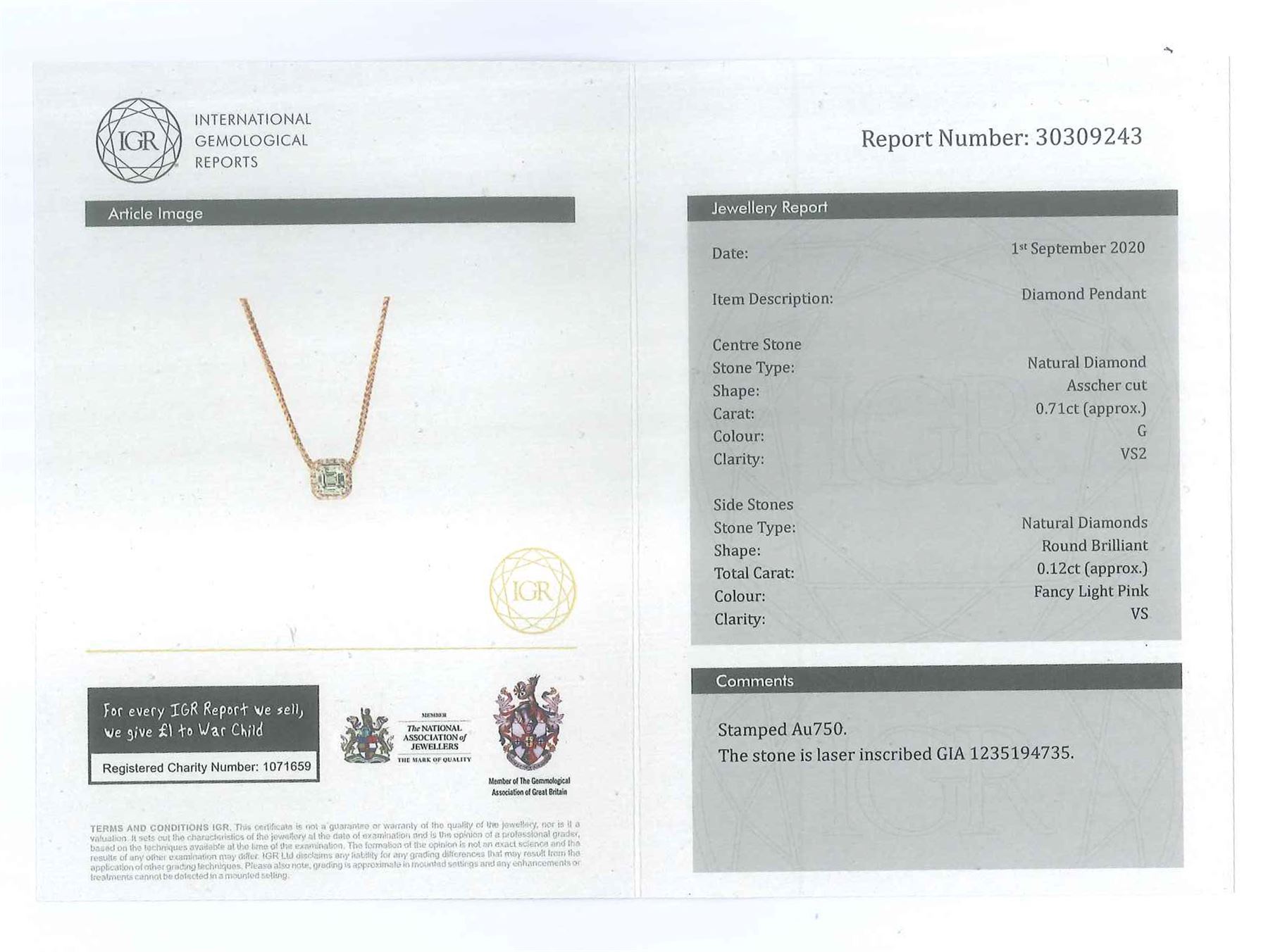 18ct rose gold diamond pendant necklace, the principal asscher cut white diamond of 0.71 carat, with round brilliant cut fancy pink diamond surround, total pink diamond weight 0.12 carat, with International Gemological Report