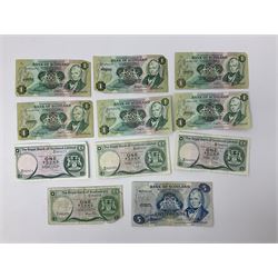 Banknotes including four Bank of England O'Brien one pound notes 'Y52J', 'T44J', 'T92J' and 'S23J', various ten shillings, two Somerset ten pounds 'CU20' and 'AW12', Page one pound notes, Bank of Scotland and other Scottish one pound notes etc
