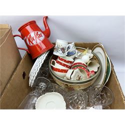 Quantity of 19th century and later ceramics and glassware, to include drinking glasses, Spode Italian pattern jug with blue mark, crested ware, teawares etc in three boxes