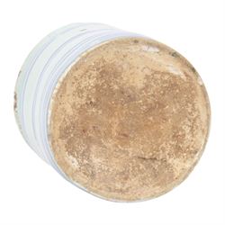 18th century English Delft blue and white drug jar, circa 1720-1760, probably London, of cylindrical form with short everted rim, painted with concentric blue bands, bearing Christie's lot label, H18cm D14cm

Provenance:
Lot 1601, British and Continental Ceramics and Glass, Christie's, 7th September 2006
From the collection of Lady Ottoline Morrell, Garsington Manor, Oxford