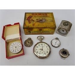  Continental silver Trench watch, screw back stamped 925/935, large chrome cased pocket watch, a similar small alarm clock, a fob watch stamped Fine Silver, Victorian pocket watch movement by Hargreaves, qty coins etc   