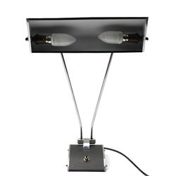 Eileen Gray (Irish, 1878–1976) for JUMO - black and chrome table lamp, curved rectangular shade with chrome end plates, supported on twin chrome rods over shaped black and chrome base with push switch, with 2025 PAT certificate, H45cm 