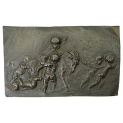 Cane handle in the form of a mongoose and snake, brass oil chamber stick, another and a copper panel decorated in relief with cherubs and a goat 20cm x 32cm